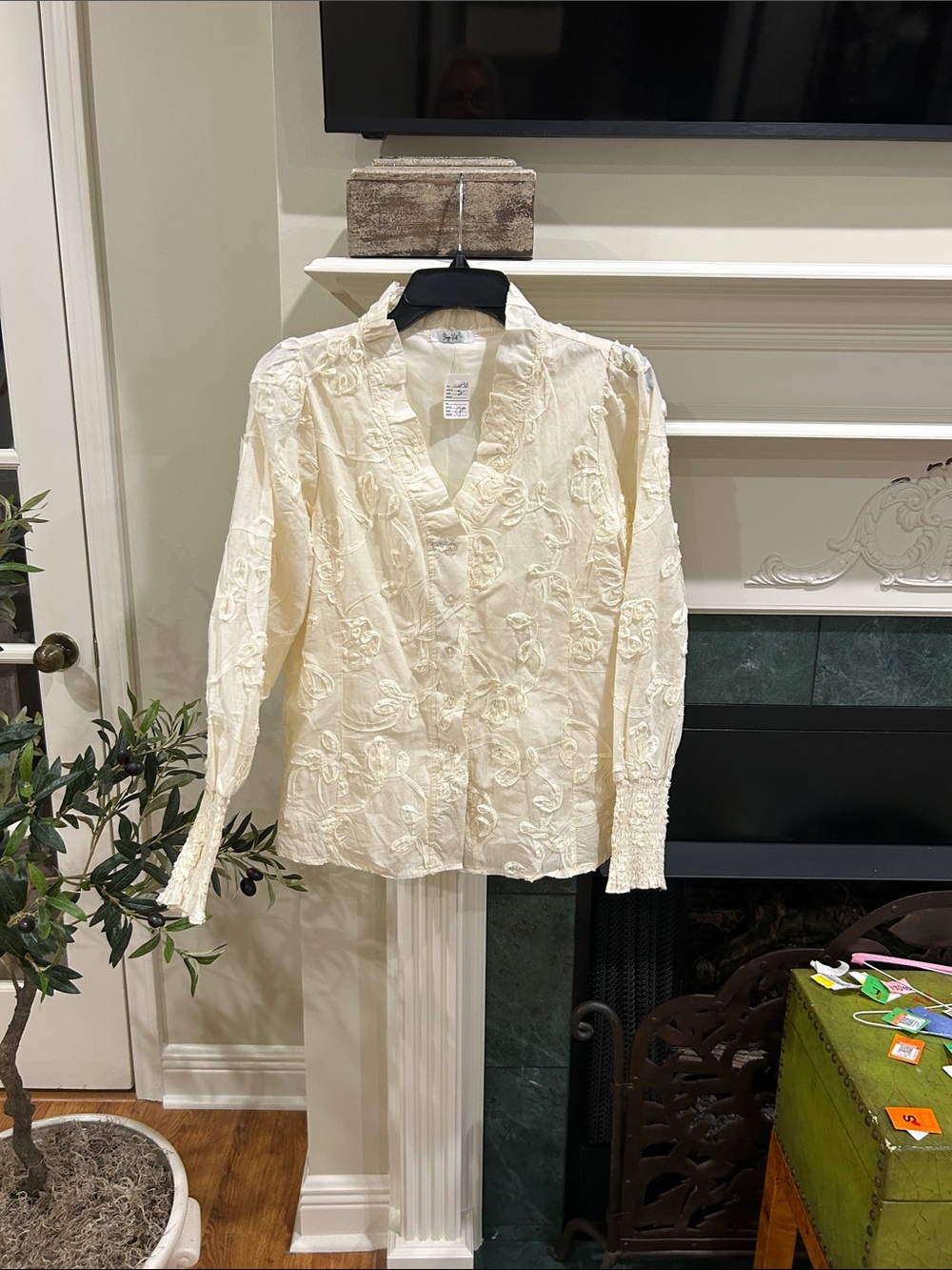 Cream Embroidered Button-Front Blouse